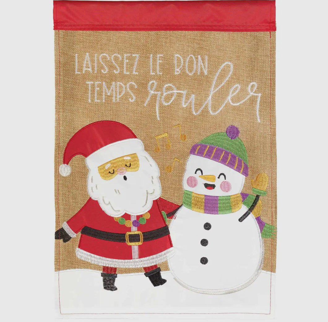 CHRISTMAS GARDEN FLAG - LAISSEZ LE BON TEMPS ROULER SANTA AND SNOWMAN